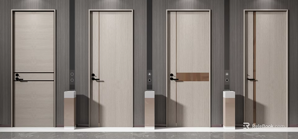Modern Minimalist Swing Doors With Wooden Texture And Metal Handles Design 3d model 