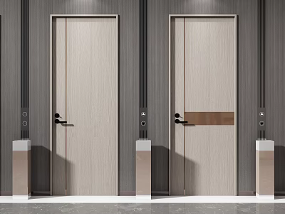 Modern Minimalist Swing Doors With Wooden Texture And Metal Handles Design 3d model