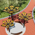 Modern Pergola with Geometric Canopy Metal Structure and Seating Area Surrounded by Trees and Lawn