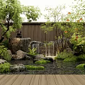 Serene Japanese Garden With Waterfall Stones Bamboo Tatami Cushion And Tea Set