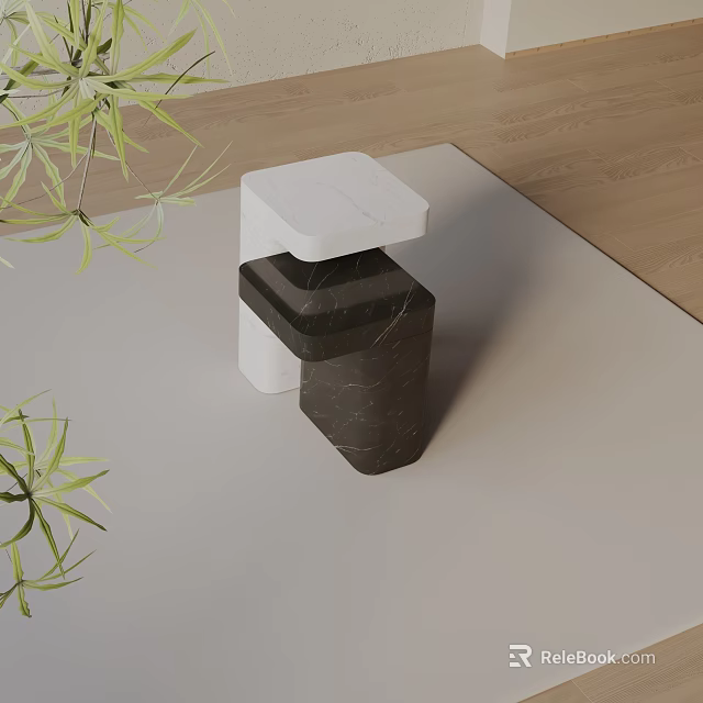 Modern Black and White Marble Square Side Table with Green Foliage Indoor Design 3d model 