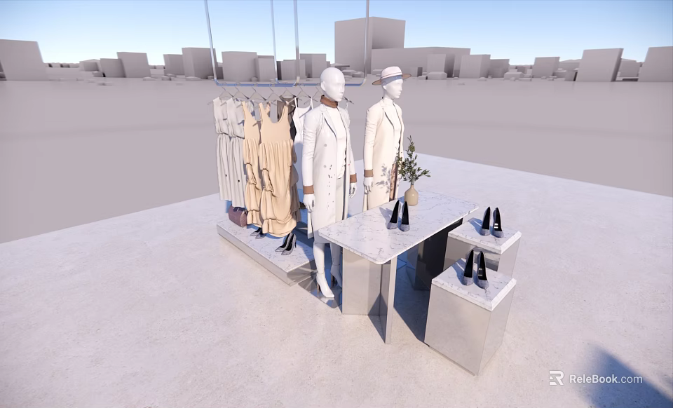 Clothing Store Display With Mannequins Hanging Clothes And Shoes On Table 3d model 