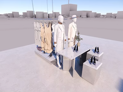 Clothing Store Display With Mannequins Hanging Clothes And Shoes On Table 3d model