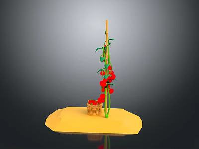 Fresh Red Tomato Fruits Growing On Green Vine With Basket On Yellow Base 3d model