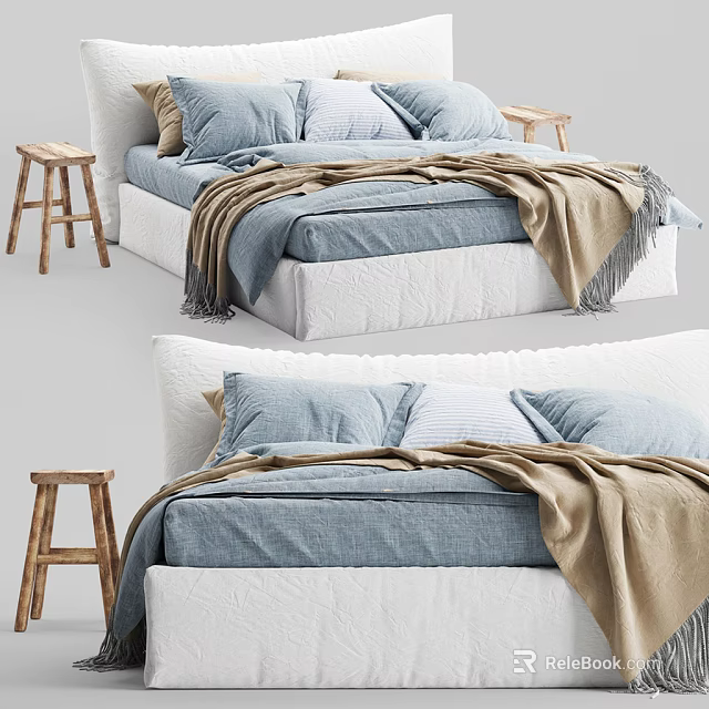 Cozy Modern Double Bed With Blue Sheets Beige Blanket And Wooden Stools 3d model 