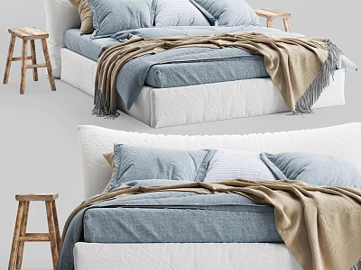 Cozy Modern Double Bed With Blue Sheets Beige Blanket And Wooden Stools 3d model