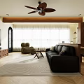 Modern Living Dining Room Interior With Black Leather Sofa Wooden Ceiling Fan And Patterned Area Rug