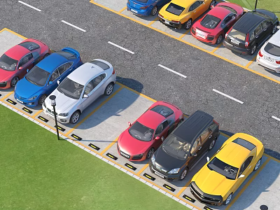 Various Colorful Cars Neatly Parked in Organized Outdoor Parking Lot With Green Grass 3d model