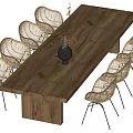 Modern Wooden Dining Table Set with Rattan Chairs Rectangular Tabletop and Black Vase 3d model