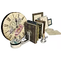 Vintage Decorative Ornament Set with Clock Books Candle Holder Picture Frames Bird Designs and Paper
