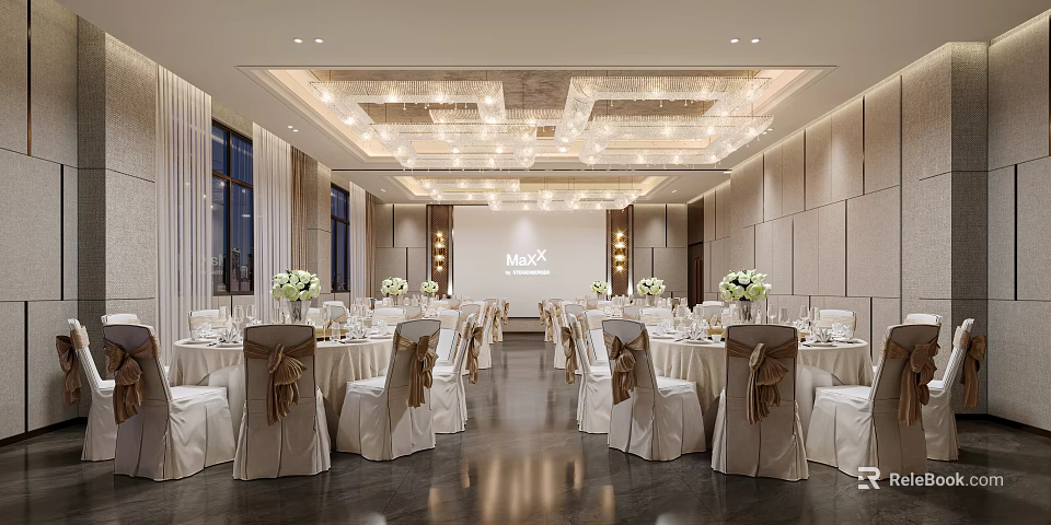 Elegant Banquet Hall With Decorated Tables Bow Ties On Chairs Flower Arrangements And Crystal Chandeliers 3d model 