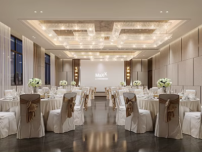 Elegant Banquet Hall With Decorated Tables Bow Ties On Chairs Flower Arrangements And Crystal Chandeliers 3d model