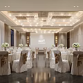 Elegant Banquet Hall With Decorated Tables Bow Ties On Chairs Flower Arrangements And Crystal Chandeliers