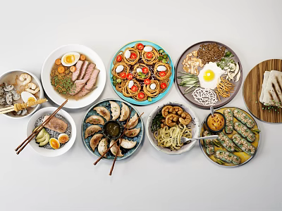 Assorted Food Dishes on White Background with Noodles Meat Seafood and Eggs 3d model