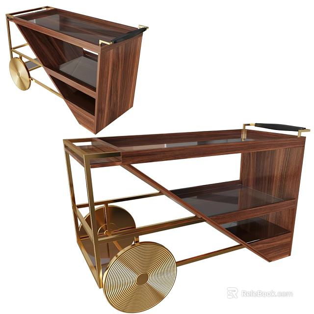 Modern Commercial Equipment Serving Cart With Wooden Frame Glass Shelves And Gold Wheels 3d model 