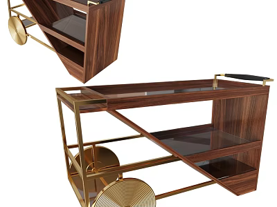 Modern Commercial Equipment Serving Cart With Wooden Frame Glass Shelves And Gold Wheels 3d model