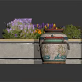 Long Concrete Landscape Planter With Purple Flowers Green Plants And Decorative Items