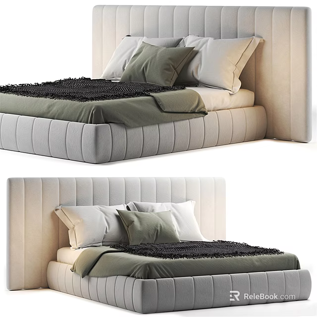 Modern Double Bed With Upholstered Headboard Light Colored Frame And Pillows 3d model