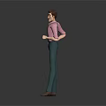 3D Male Character Model Wearing Pink Shirt And Blue Suspenders Standing On Gray Background