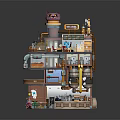 Detailed Multi Level Building Model With Cat Shaped Roof Workshop Shop Furniture And Decorative Pipes