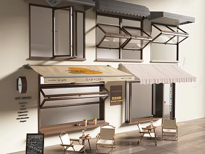 Shop Facade With Multiple Windows Striped Awning Outdoor Seating Coffee Sign And Blackboard Menu 3d model