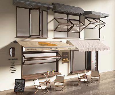 Shop Facade With Multiple Windows Striped Awning Outdoor Seating Coffee Sign And Blackboard Menu 3d model