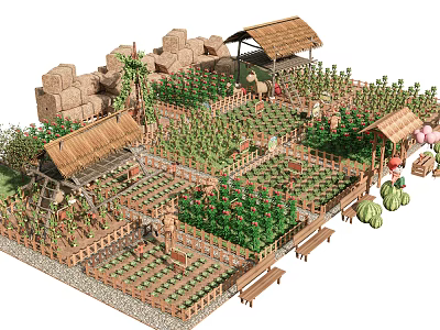 Scenic Rural Landscape With Thatched Roof Huts Neat Vegetable Gardens Wooden Fences And Benches 3d model