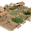 Scenic Rural Landscape With Thatched Roof Huts Neat Vegetable Gardens Wooden Fences And Benches