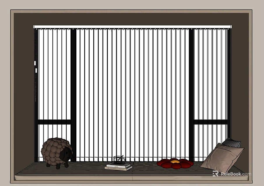 White Vertical Blinds For Indoor Window With Stuffed Toy Books Red Plate And Cushion 3d model 