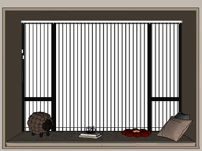 White Vertical Blinds For Indoor Window With Stuffed Toy Books Red Plate And Cushion 3d model