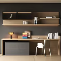 Modern Wooden Desk With Table Lamp Stacked Books Coffee Maker Mugs On Decorative Shelves