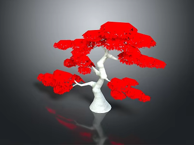 Red Leaf Tree With White Trunk And Reflection On Dark Background 3d model