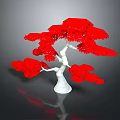 Red Leaf Tree With White Trunk And Reflection On Dark Background