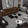 Modern Brown Leather Sofa Coffee Table Set With Armchairs And Gray Rug 3d model