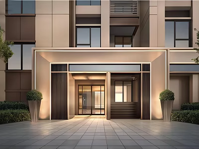 Modern Building Entrance Gate With Beige Facade Potted Plants And Tile Floor Steps 3d model
