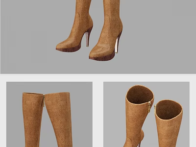 Brown Suede Knee High Fashion Boots With Slim Stiletto Heels And Zipper Detail 3d model