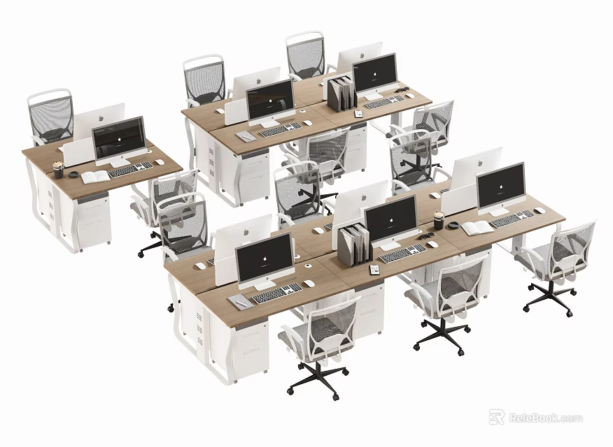 Modern Office Desks With Computers And Ergonomic Chairs In Workspace 3d model