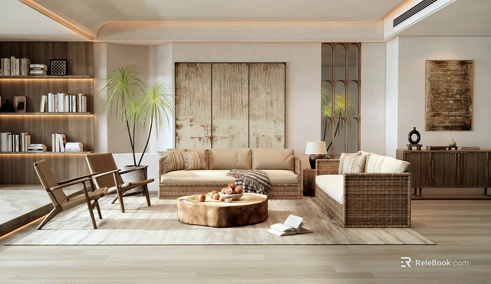 Modern Living Room Interior Design With Beige Sofa Woven Armchair Wooden Coffee Table And Plants 3d model 