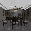 Elegant Private Dining Room Interior With Round Table Chandelier And Large Windows 3d model