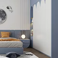 Kids Room Interior With Starry Sky Theme Moon Astronaut Decor Blue Furniture And Planet Rug
