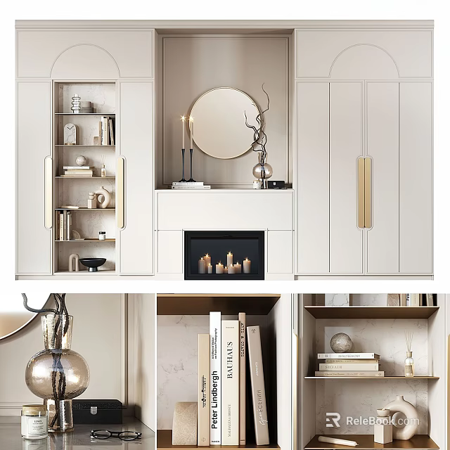 Modern Wardrobe Design With White Panels Gold Handles And Storage Shelves 3d model 