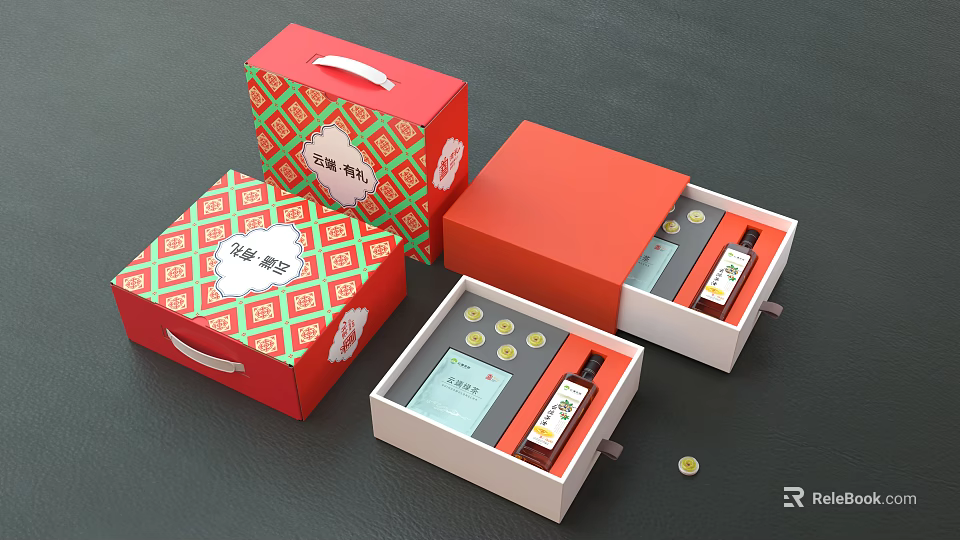 Small Ornament Decoration Combination in Red White Gift Boxes with Green Patterns 3d model