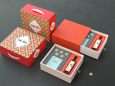 Small Ornament Decoration Combination in Red White Gift Boxes with Green Patterns 3d model