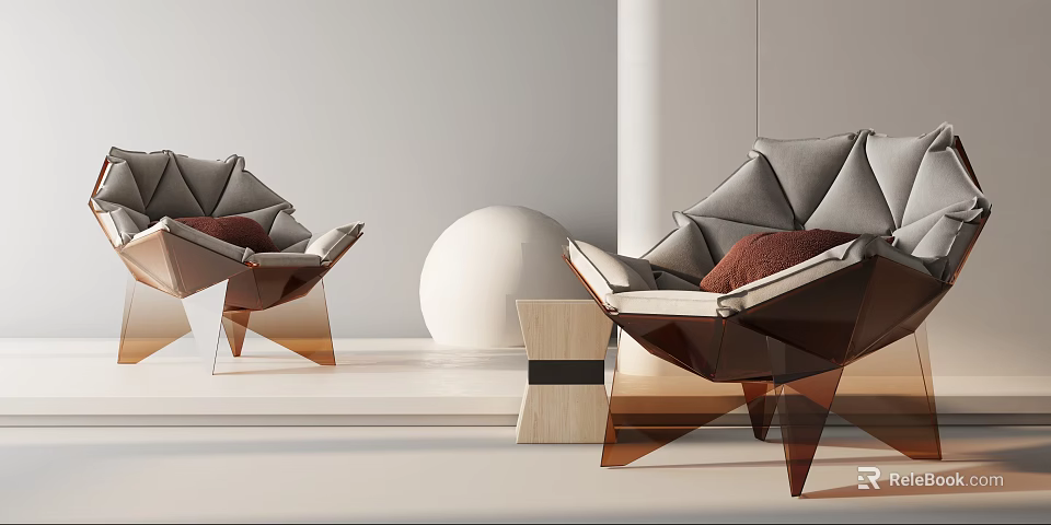 Geometric Accent Chair With Brown Cushion Transparent Acrylic Legs Round White Sphere And Side Table 3d model 