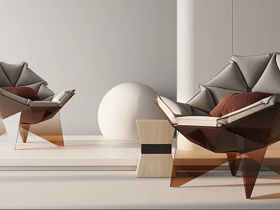 Geometric Accent Chair With Brown Cushion Transparent Acrylic Legs Round White Sphere And Side Table 3d model