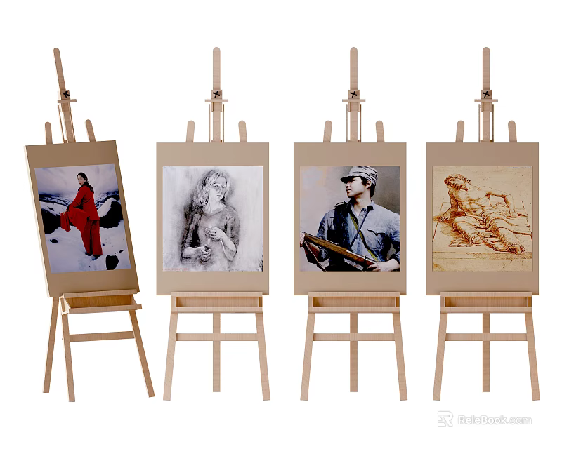 Wooden Easels Display Art Supplies And Musical Instruments In Creative Paintings 3d model 
