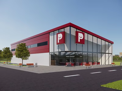 Service Area Exterior with Red and White Building Glass Windows P Signs Benches and Trees 3d model