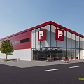 Service Area Exterior with Red and White Building Glass Windows P Signs Benches and Trees