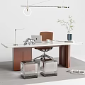 Modern Office Desk Setup With Laptop Lamp Brown Chair Plant And Clear Cube Stools