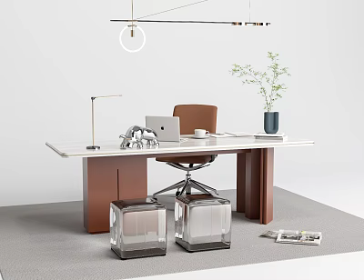 Modern Office Desk Setup With Laptop Lamp Brown Chair Plant And Clear Cube Stools 3d model